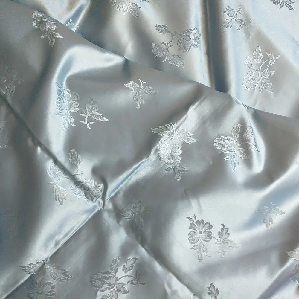 Vtg Italian Bedspread Coverlet Blue Satin Damask Roses TasselS 95x95*READ